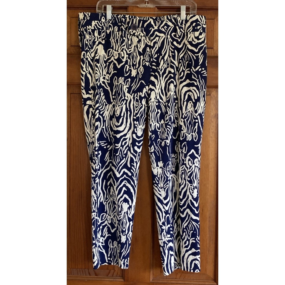 Lilly Pulitzer Women 12 Blue Zebra Print Kelly Ankle Pants Preppy Resort Luxury